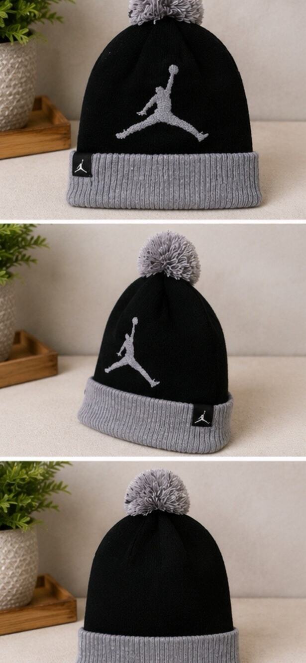 Jordan Jumpman Youth Pom Beanie Black Gray Cuffed Knit Winter Hat